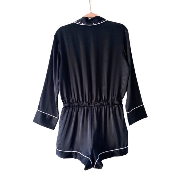 Victorias Secret Satin Sleep Romper Black Long Sleeve Bling Trim Size Small Glam - Picture 2 of 9